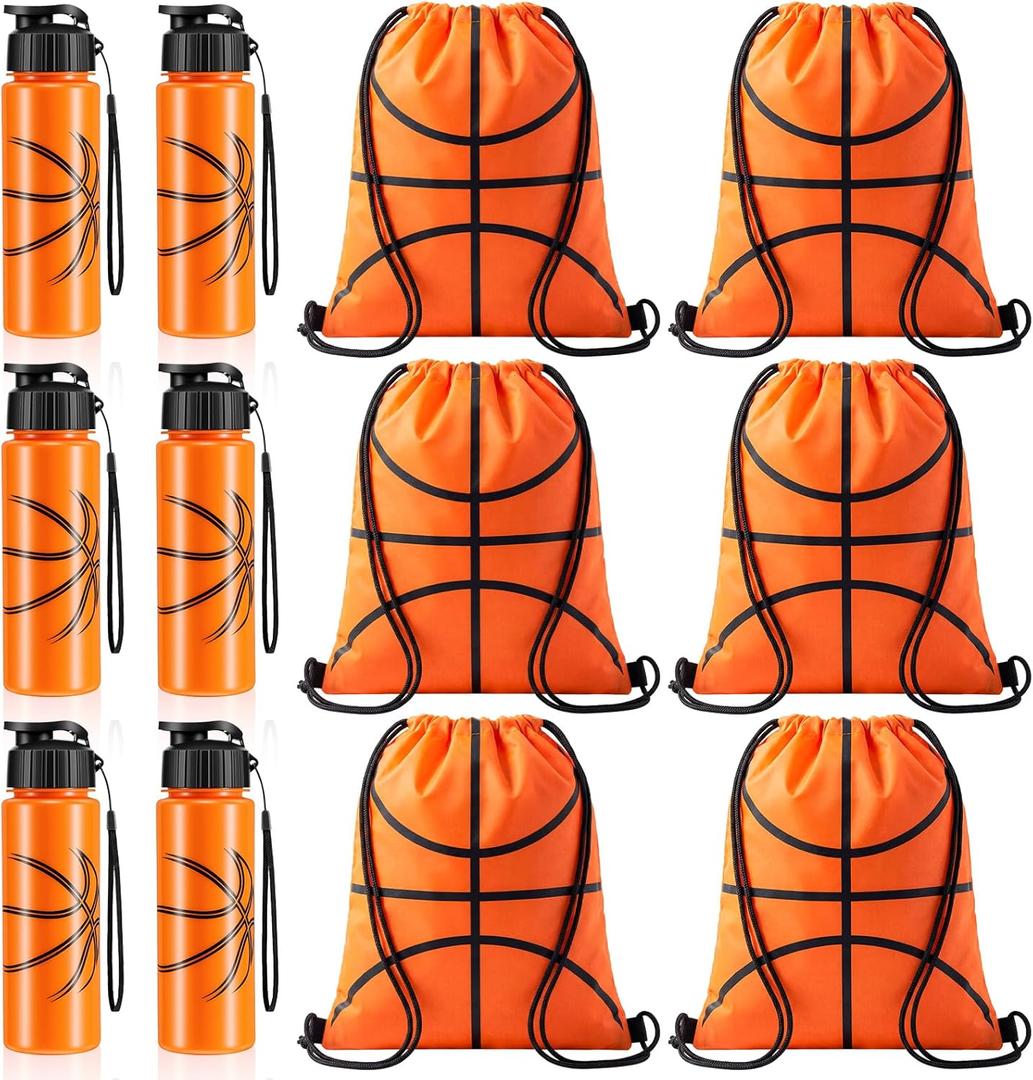 Olgaa 12 Pcs Basketball Party Favors Include 6 Pcs Water Bottle 20 oz 6 Pcs Drawstring Bag Sports Themed Reusable Drink Bottles Bulk Accessories for Players Lovers Team Gifts (Basketball)