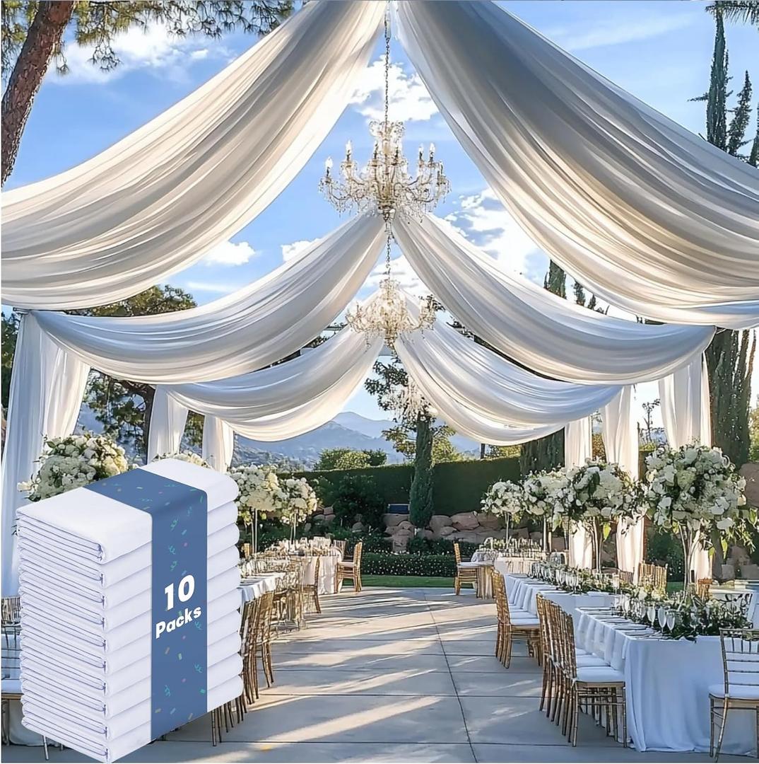 Outpain 50ftx20ft White Backdrop Ceiling Drapes, 10 Panels, 20ft Height, Wrinkle Free, Tent Draping Curtains, Polyester, Wedding, Birthday, Anniversary,White, 60"W x 240"L (Pack of 10)
