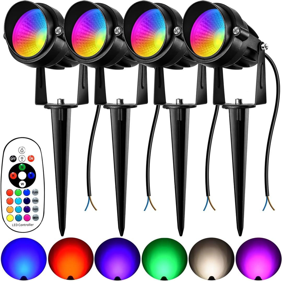 RGBW Landscape Light Outdoor,10W Color Changing Low Voltage Landscape Lighting with Remote Control,12V-24V Waterproof Outdoor Spot Lights with Connectors for Yard House Garden Tree(4 Pack)