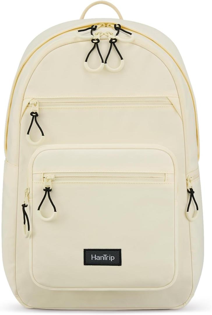 HanTrip Carry On Travel Backpack For Women, 18 Inch Water Resistant Large Backpack Lightweight Bookbag For Men, 8x14x18 Personal Item Bag Casual Daypack Backpacks For Work Office Commuter (Offwhite)