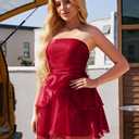 LAGSHIAN Women's Sexy Strapless Backless Mini Dress Tube Top Petal Ruffle Cocktail Party Dresses (Red)