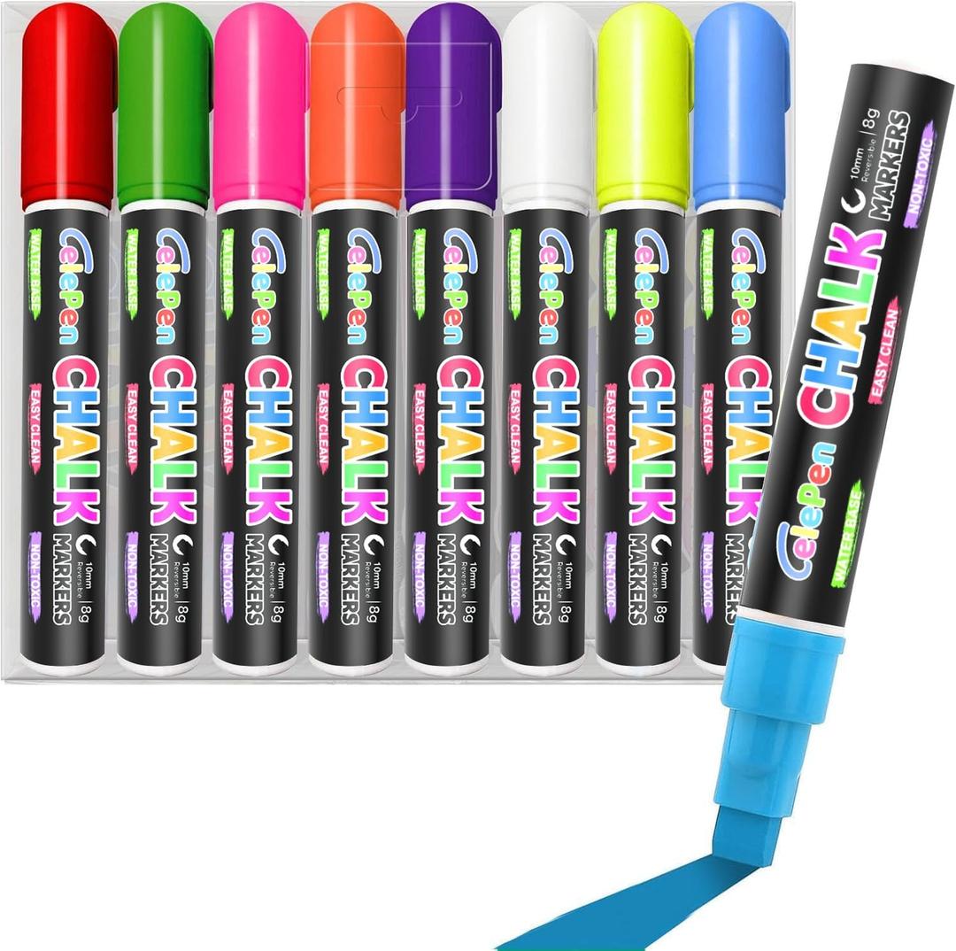 Celepen Window Chalk Markers for Cars Glass Washable, 8 Colors Jumbo Liquid Chalk Marker Pens with 10mm 3 in 1 Nib Wide Tip, Chalkboard Markers Car Window Paint Pen for Auto, Mirror, Poster
