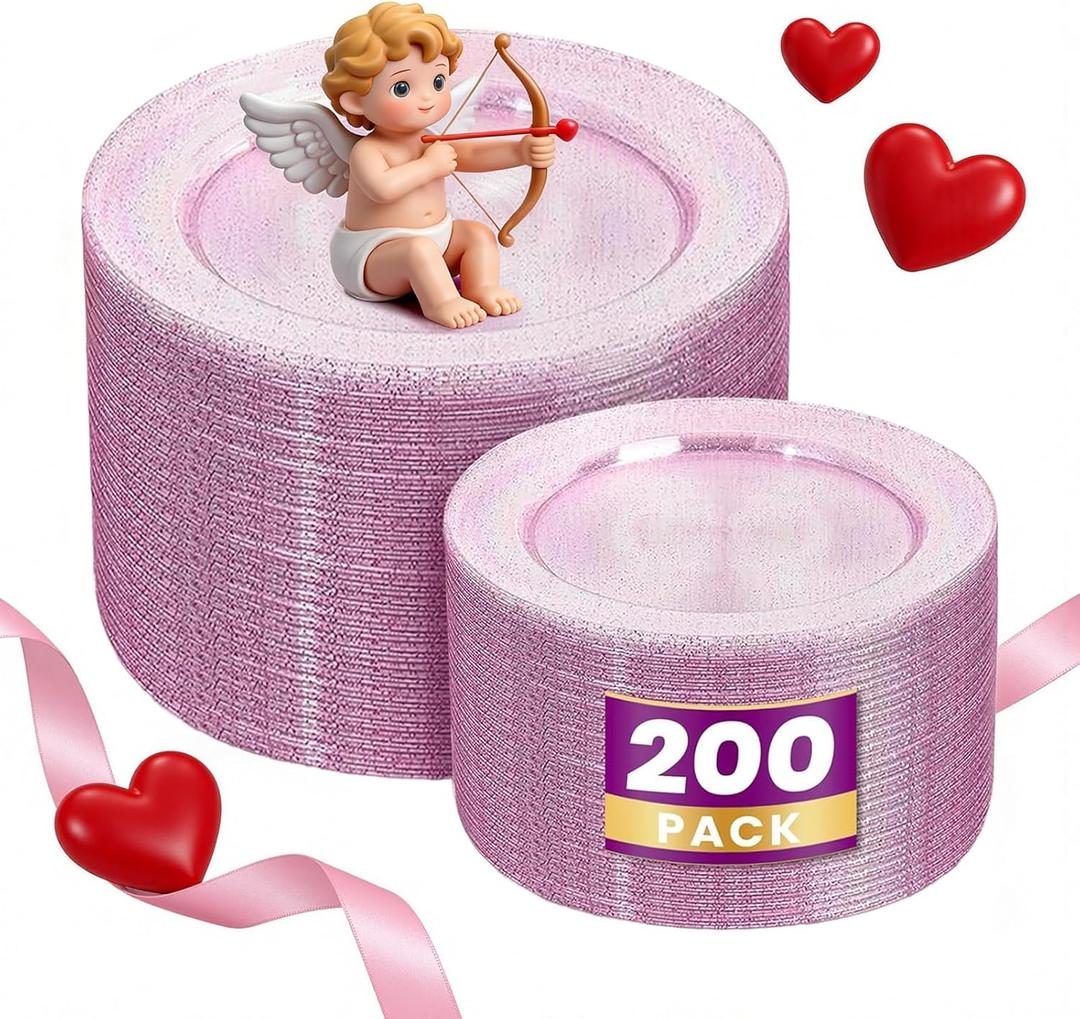 WDF 200PCS Pink Plastic Plates - Rose Gold Glitter Plastic Plates - Heavy Duty Pink Glitter Disposable Plates for Parties/Wedding/Valentine's Day