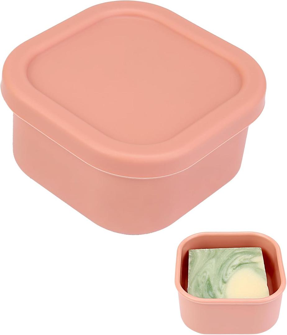 Square Soap Container, Soap Travel Case, Silicone Bar Soap Travel Case, Soap Case with Draining Layer, Portable Shampoo Bar Soap Box for Gym, Camp(Flesh Pink)