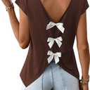 RoseSeek Women's V Neck Bow Backless Tops Cap Sleeve Elegant Casual Tshirt (Brown, XS)