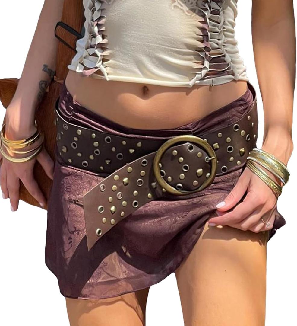 Alyweatry Women Boho Wide Disc Concho Leather Belt Aesthetic Grunge Western Waist Belt Y2k Vintage Accessories (One Size, Aa-brown)