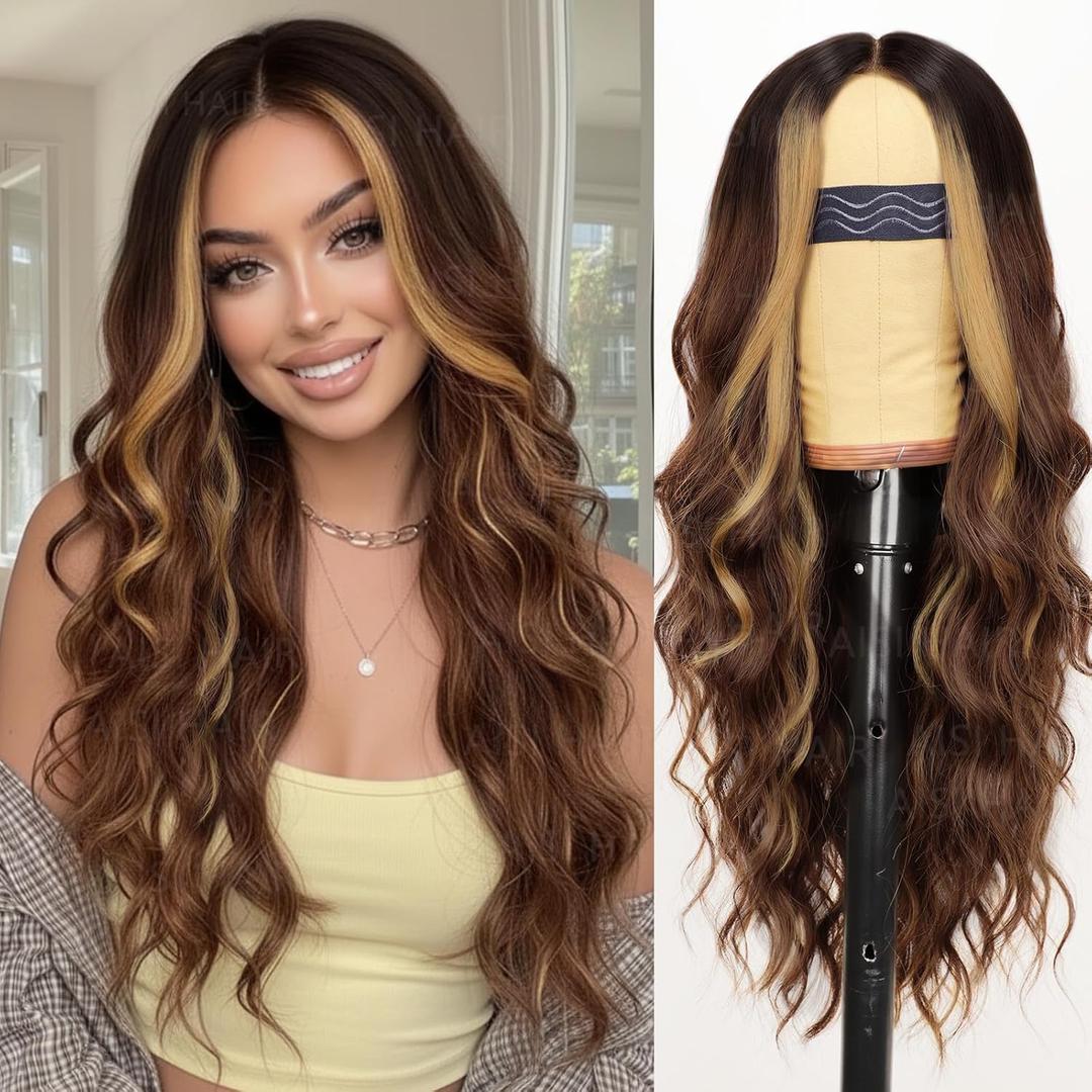 AISI HAIR Beginner Friendly Wigs Brown Highlight Wig for Women, Long Wavy Lace Hairline Middle Part Synthetic Heat Resistant Wig for Daily Party-26 Inch