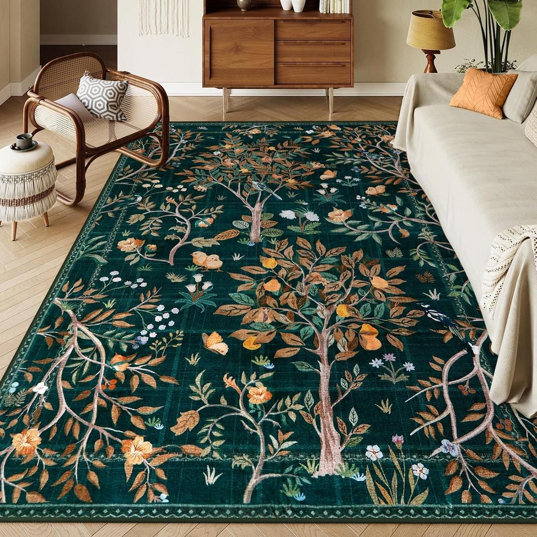 Morebes Boho Living Room Rug 8x10, Washable Kids Playroom Area Rug Non Slip, Soft Large Botanical Flower Indoor Floor Throw Carpet for Bedroom Nursery Dining Room, Dark Green