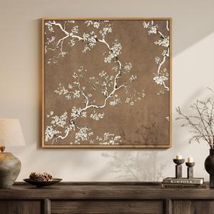Framed Brown Botanical Square Wall Art for Room Decor, Vintage Floral Neutral Elegant Canvas Artwork for Walls, Retro Flower Blossom Painting Print for Living Room Bedroom Office Wall Decor, 24x24 In