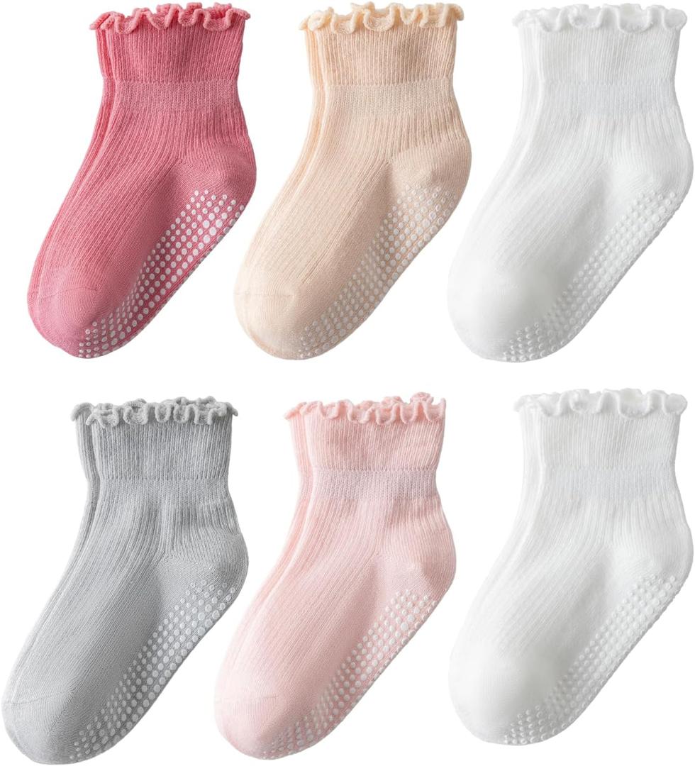 DarkCom Toddler Baby Socks Ruffle Girls Grip Non Slip 6 Pairs Socks for Kids Cute Athletic Ankle Frilly 6M-5Years