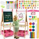 Kids Easel Including 100+ Accessories, Dual-Sided Wooden Easel for Kids Girls Age 3-12 with Magnetic Chalk & Painting Board, Free Height Adjustable Art Easel Supplies for Toddlers (Pink), 7"D x 22"W x 50"H