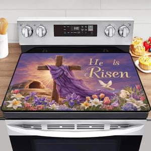 Easter Cross Theme Stove Top Cover for Electric Stove, Garden Glass Cooktop Covers, Heat Resistant Glass Top Stove Cover Protector,Kitchen Flat Electric Stove Top Covers