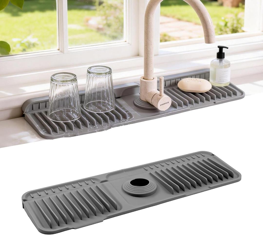 ZJWZLG Faucet Mat for Kitchen Sink, 17.7"X5.5" Silicone Sink Splash Guard with Soap Holder, Snap-On Design & 7°slope Fast Drain, Folding Sink Faucet Mat for Universal Kitchen Bathroom Sink（Grey）