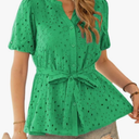 CiCiBird Women Dressy Button Blouses Puff Short Sleeve Tops Elegant Peplum Tie Front Shirt Eyelet Lace Embroidered Top. Size M