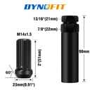 DYNOFIT 14mmx1.5 Wheel Lug Nuts, 32x Black M14x1.5 Lug Nut,Conical/Cone Bulge Seat, Closed End Long Extended XL Spline with 1 Socket Key Fits 8 Lug Aftermarket Wheels