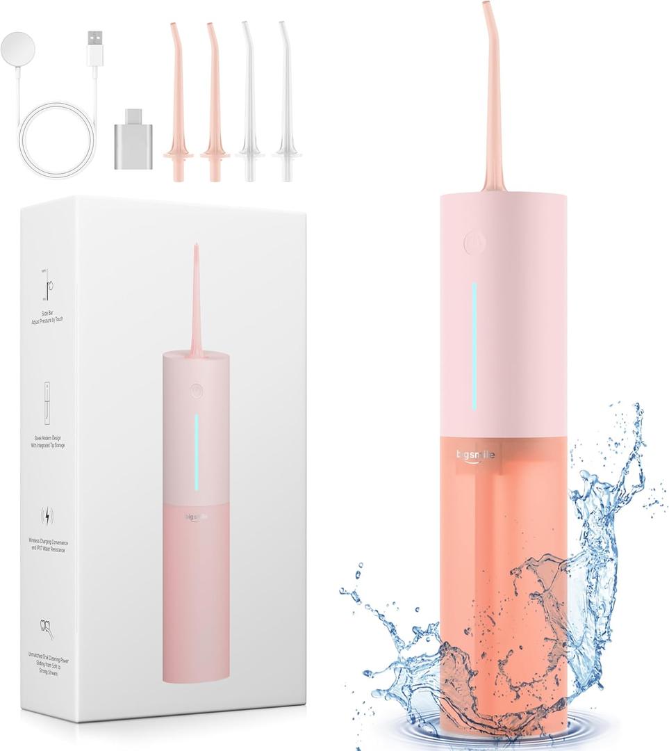 Cordless Water Flosser for Teeth Clean, Portable Electric Water Dental Flosser for Travel, 3 Modes 8 Intensities, IPX7 Waterproof Water Dental Picks for Gums Braces with 4 Tips (Pink)