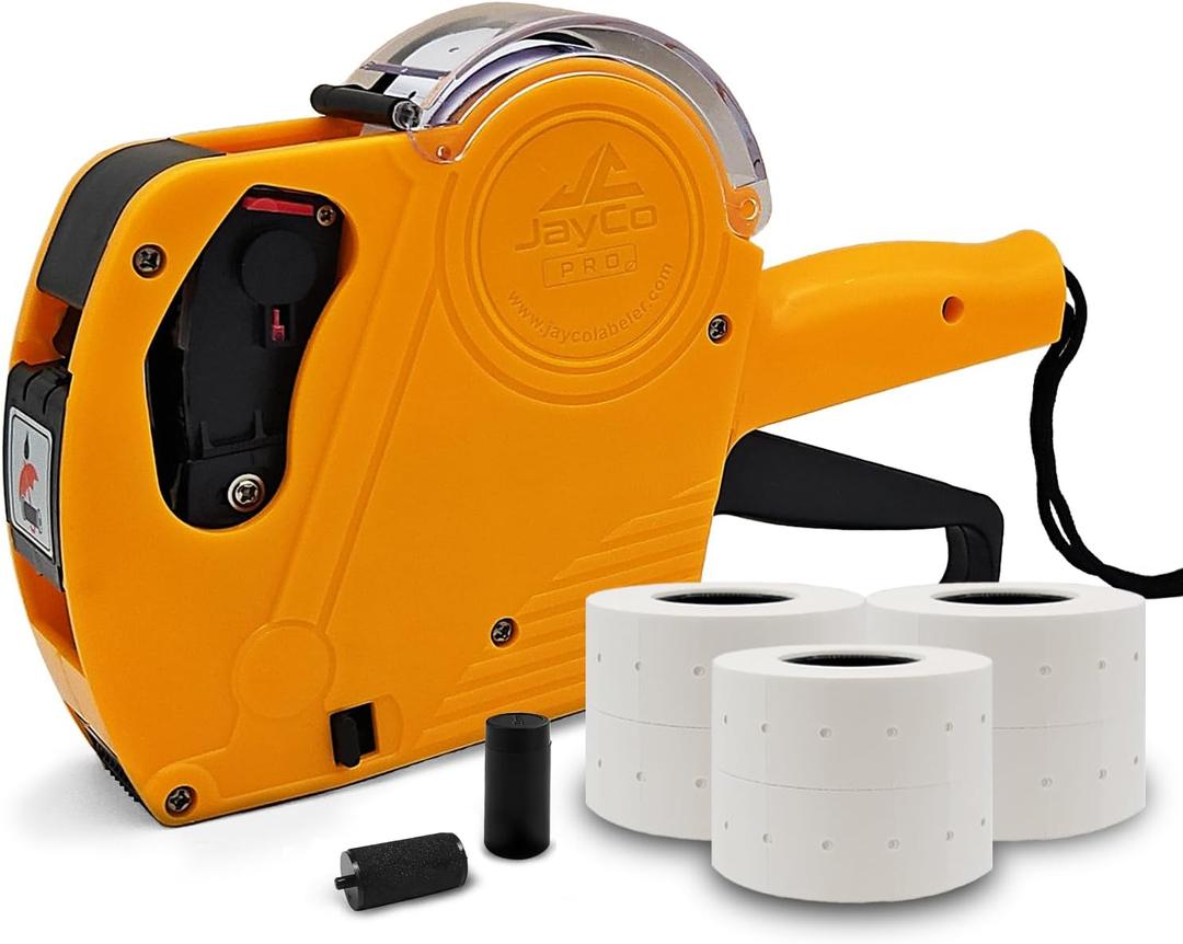JayCo Pro 1 Line 8 Digits Price Tag Gun Kit - Includes 6,500 White Blank Labels and 1 Pre-Loaded Inker with 1 Ink Refill - for Grocery Store, Retail Shop, Garage Sale