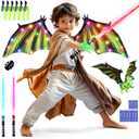 SANCO Kids Light Up Saber Set - 2 Pack 7 Colors Retractable Power Swords with Electric Dragon Wings & Dinosaur Finger Claws, Glowing Toys for Halloween Cosplay Parties, Birthday Gifts for Boys & Girls
