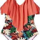 SUUKSESS Women Slimming Ruffle One Piece Swimsuits Ruched Tummy Control Bathing Suits (Small,  Coral Pink Leaf) 