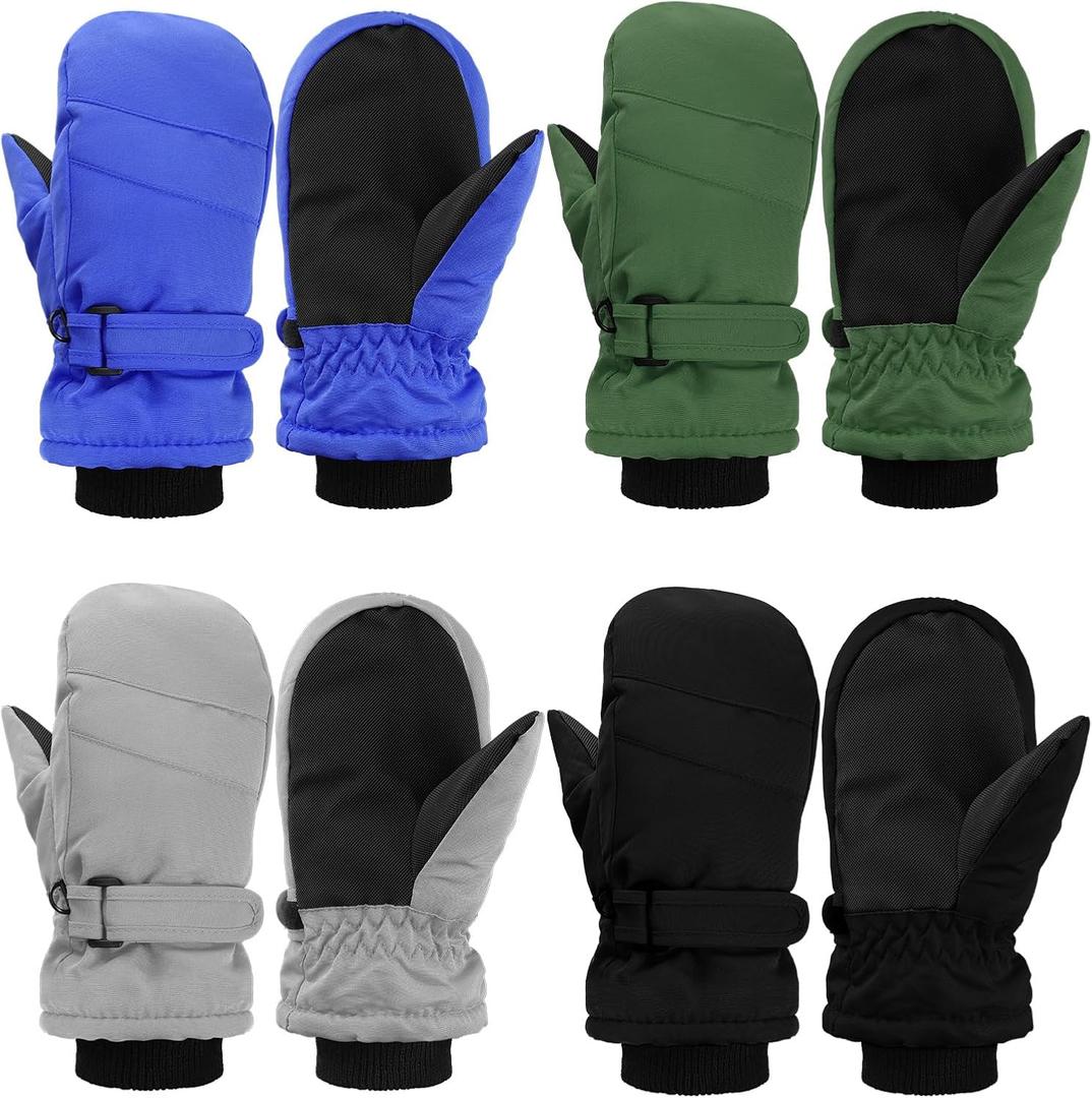 Geyoga 4 Pairs Kids Mittens Waterproof Ski Gloves Boys Girl Warm Snow Winter Mittens for Kids Toddler Outdoor Activities (5-8 Years, Black, Gray, Army Green, Royal Blue)