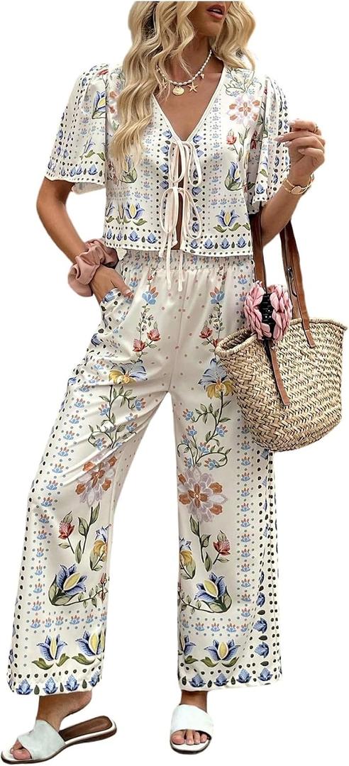 WDIRARA Women's Boho Floral 2 Piece Palazzo Pants Set Short Sleeve Blouse (Blue)