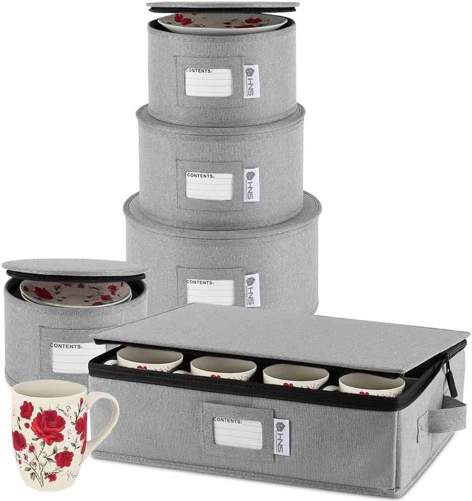 China Storage Hard Shell Containers 5-Piece Set Moving Boxes for Dinnerware, Glasses, Plates, Mugs and Saucers Sturdy Dish Organizer with Dividers for Seasonal Storage - Service for 12 - Gray