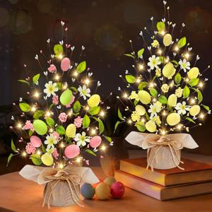 2 Pack & Timer - Easter Decorations, 18 Inch Lighted Easter Tree Tabletop with 40 LED Warm White Lights Colorful Eggs Floral Berries Battery Operated Easter Egg Tree Home Indoor Party Spring Decor