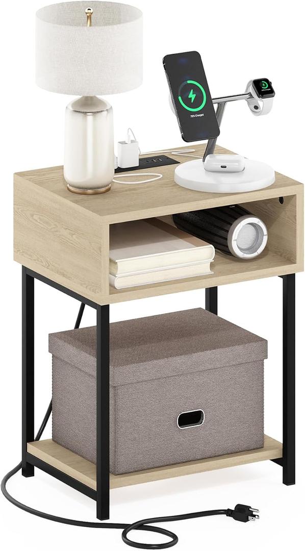Furinno Moretti Side Table, 3-Tier End Table with Charging Station, Metal Frame Night Stand, Bedside Table with USB and Type-C Charging Port, for Living Room, Bedroom, Bauhaus Oak
