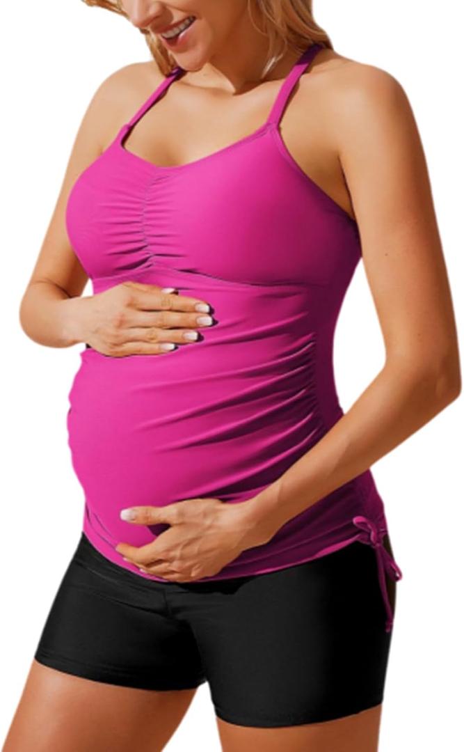Maacie Maternity Athletic Tankini Swimsuits Two Piece Floral Print Ruched Tops with Shorts (Medium, Pink)