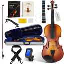 AKLOT Handcrafted Full Size Violin: 4/4 Solid Wood Fiddle, Acoustic Beginner Violin Kit with Hard Case, Lesson Book, Bow, Rosin, Shoulder Rest, Extra Strings, Tuner, Fretboard Stickers (VRT-AmiCS)