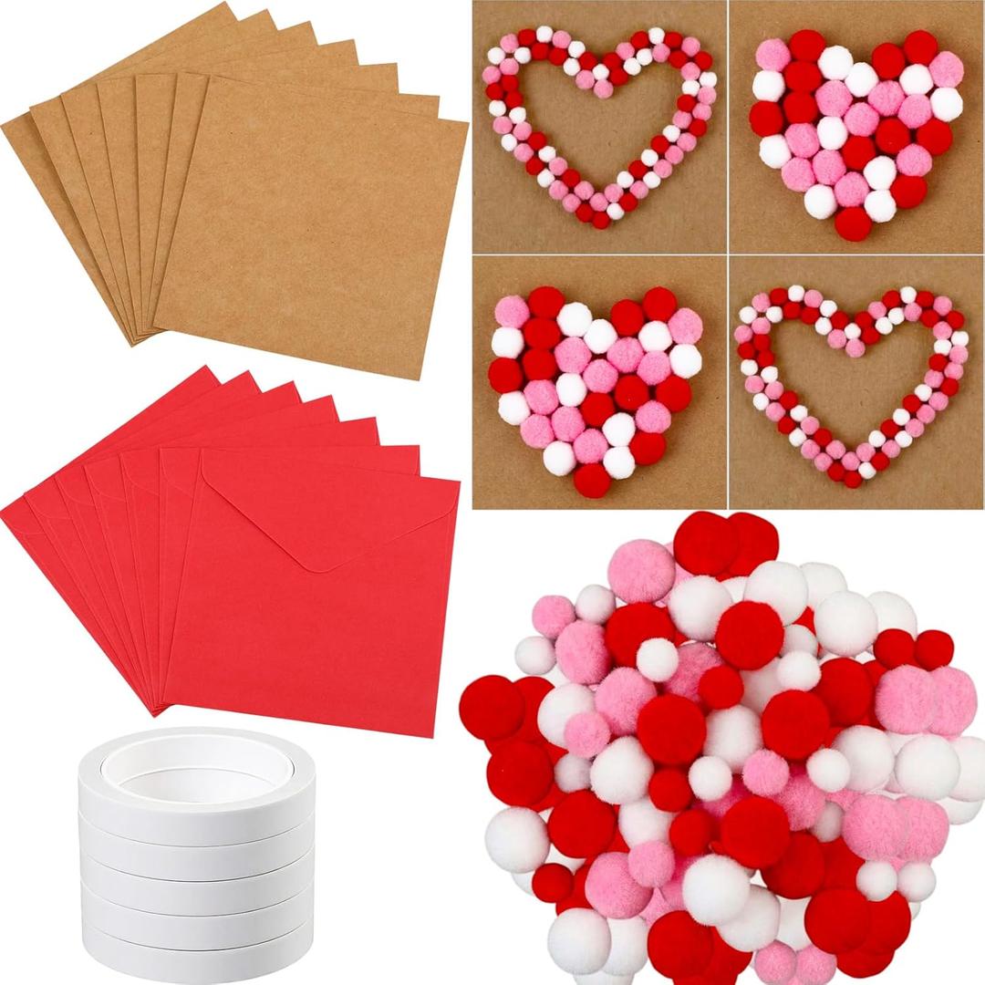 Motipuns 24 Pack Mother's Day DIY Card Making Kit Blank Card Envelopes with 1200 Colorful Pom Poms Balls Heart Decor for Make Your Own Craft Exchange Activity Scrapbook Gift(Pink, Red, White)