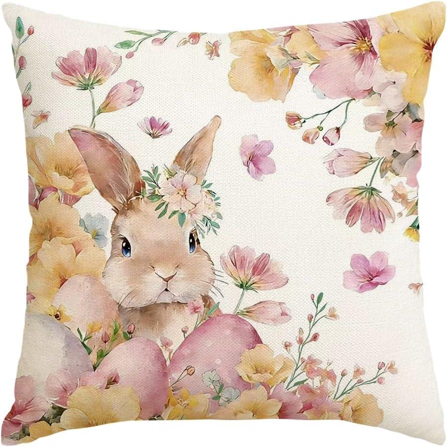 Easter Bunny Throw Pillow Covers 20x20 Inch, Egg Rabbit Floral Spring Cushion Case, Farmhouse Easter Indoor Outdoor Decor for Sofa Couch (Pink)