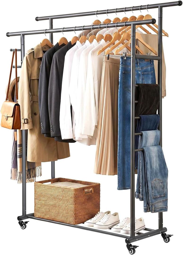Heavy Duty Metal Clothes Rack, Easy Assembly Hanging Rack with Rolling Wheels, Portable Garment Rack for Bedroom, Laundry Room, Living Room (Black (Double Rod), 43.3" W x 19.7" D x 65" H)