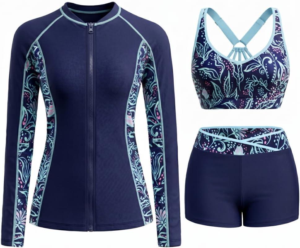 Daci Women 3 Piece Rash Guard - Long Sleeve Zip Up Swim Shirt with Sports Bra and Shorts UPF 50+ Modest Swimuits 2026 (Large, Blue Floral)