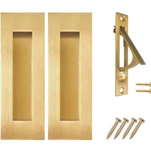 senharvest Pocket Door Pull and Edge Pull Set Brushed Gold, 6Inch Handles Hardware Latch,Recessed Finger Flush Pulls,for Closet,Sliding,Barn Door