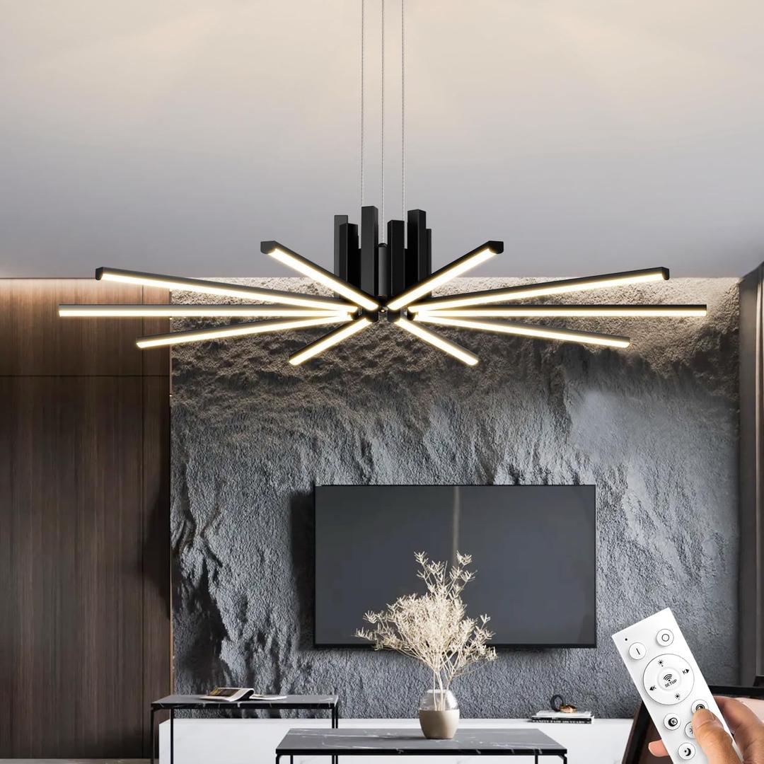 Modern Led Chandelier, Dimmable Sputnik Light Fixture with Remote Control, Modern Pendant Light for Dining Room Kitchen Living Room Entryway, 3000K-6500K (Black)