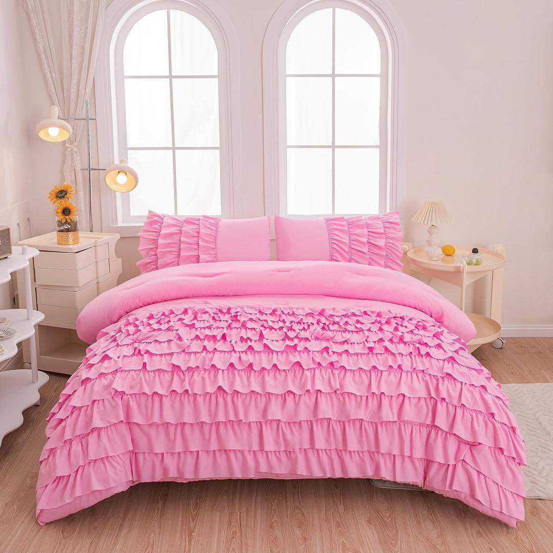 MWMWMW 5 Pcs Pink Comforter Set Queen, Girls Bed in a Bag, Girls Queen Bedding Set, Pink Ruffle Bedding Set for Grils Kids with 1 Fitted Sheets, 1 Flat Sheet, 1 Comforter, 2 Pillowcases