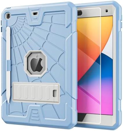 TSQQST Case for 9th 8th 7th Generation 10.2 Inch 2021 2020 2019 for Kids with Glass Screen Protector | Shockproof Stand Case Cover for iPad 9th 8th 7th Gen with Pencil Holder | Light Blue