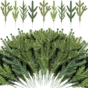 Yunlly 80 Pcs Christmas Artificial Pine Needle Branches 4 Styles Garland Greenery Plant Winter Fake Stems Xmas Tree Picks for DIY Wreath Centerpiece Vast Home Winter Wedding Party Decoration(Classic)