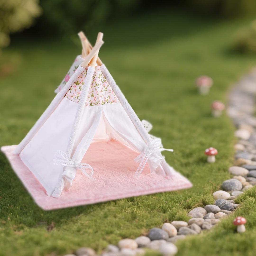 Minamzee 1:12 Dollhouse Camping Bed Tent, 1 Set Fairy Style Mini Pink Lace Tent with Carpet, Miniature Outdoor Furniture Accessories for Bedroom,Patio and Garden for Teens & Adults
