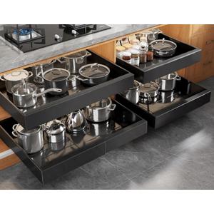 Seinloes 4 Pack Expandable Pull Out Cabinet Organizer 21"Deep With Raising Pad for Framed Cabinets,Upgrade 3 Slide Rails Slide Out Drawers,No Drill Roll Out Shelves,Adjustable Width 15.1"-26.3" Black