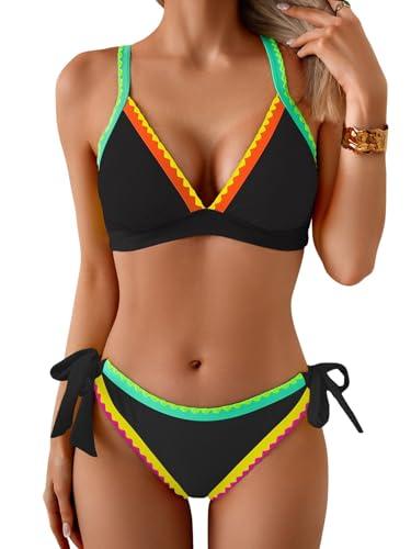 Aidonger 1 Piece Bathing Suit V Neck Shell Stitched Swimsuit Tie Side Triangle Swimwear L Black, Blue Green Color Block