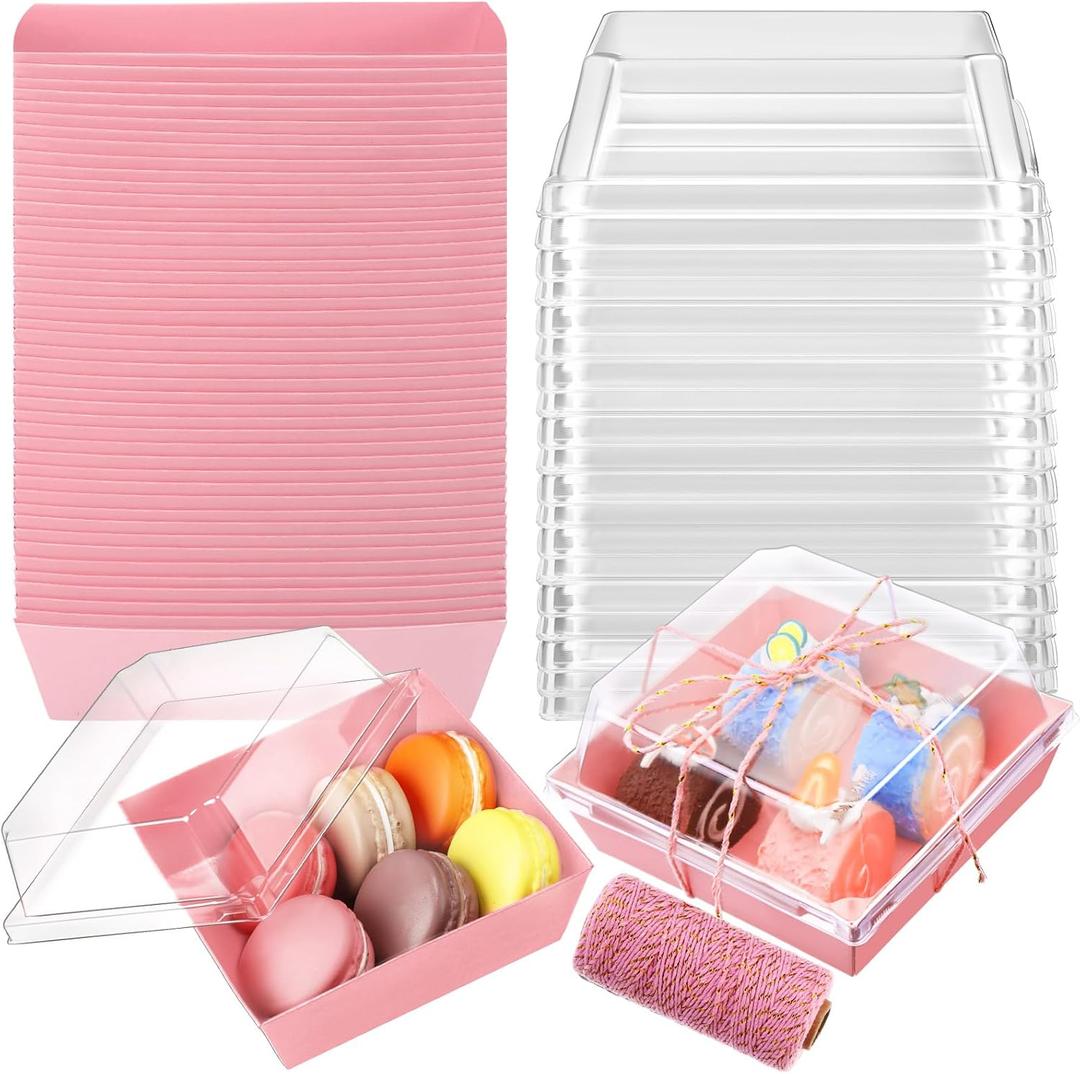 Jetec 150 Pack Charcuterie Boxes with Clear Lids and Rope 4 Inches Cake Disposable Square Dessert Food Box Containers with Lids for Bakery Macaron Cookies Strawberries Fruits Display (Pink)