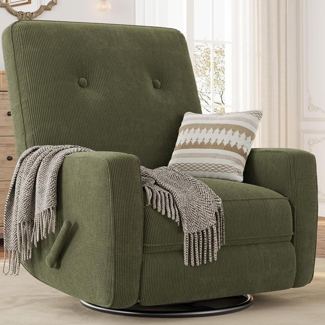 GarveeHome Recliner Chairs, Swivel Rocker Recliner, Glider Recliner Nursery Chair for Adults, 360 Swivel Glider Rocking Chair for Living Room, Bedroom, Office, RV, Small Spaces, Corduroy, Green