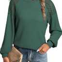 EVALESS Womens Long Sleeve Tops Dressy Casual Crewneck Waffle Lace Patchwork Knit T Shirts Blouses Fall Fashion 2025 (Green, S)