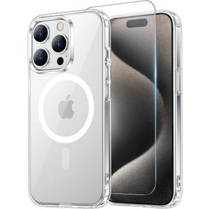 Temdan for iPhone 15 Pro Case Clear with Screen Protector, Compatible with Magsafe, Anti-Yellowing, Military-Grade Protection, Shockproof Slim Magnetic Phone Case Cover, Transparent