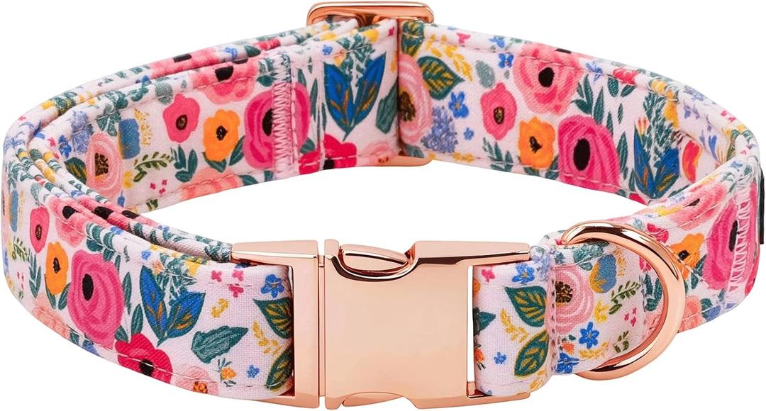 Spring Dog Collar, Blue Floral Print Pet Collars Light Pink Cute Durable Metal Buckle Girl and Boy Dog Collars Adjustable for Small Medium Large Dogs XS