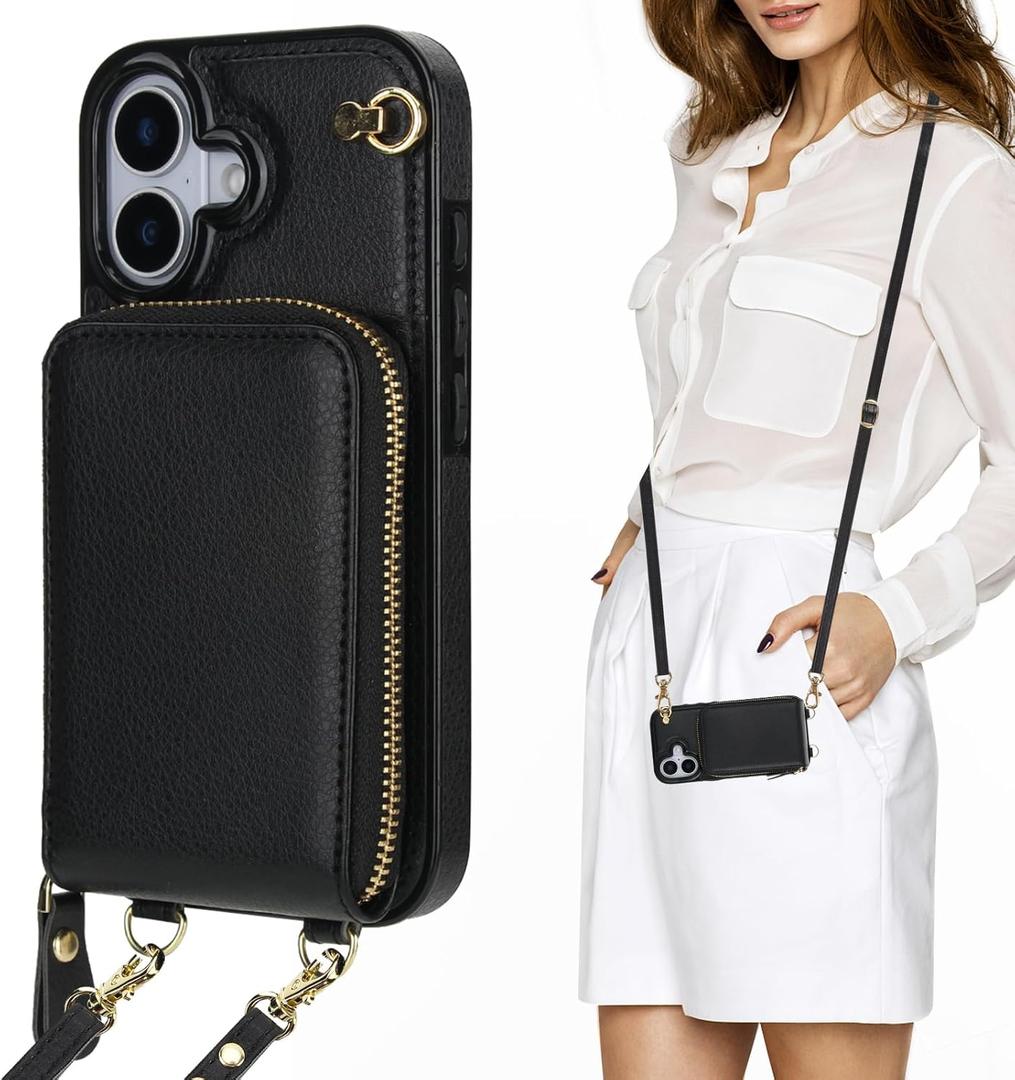 KIHUWEY Crossbody Wallet Case for iPhone 17, Zipper Pocket Case with Card Holder, PU Leather RFID Blocking Protective Cover Case with Kickstand Detachable Wrist Strap Lanyard 6.3" (Black)