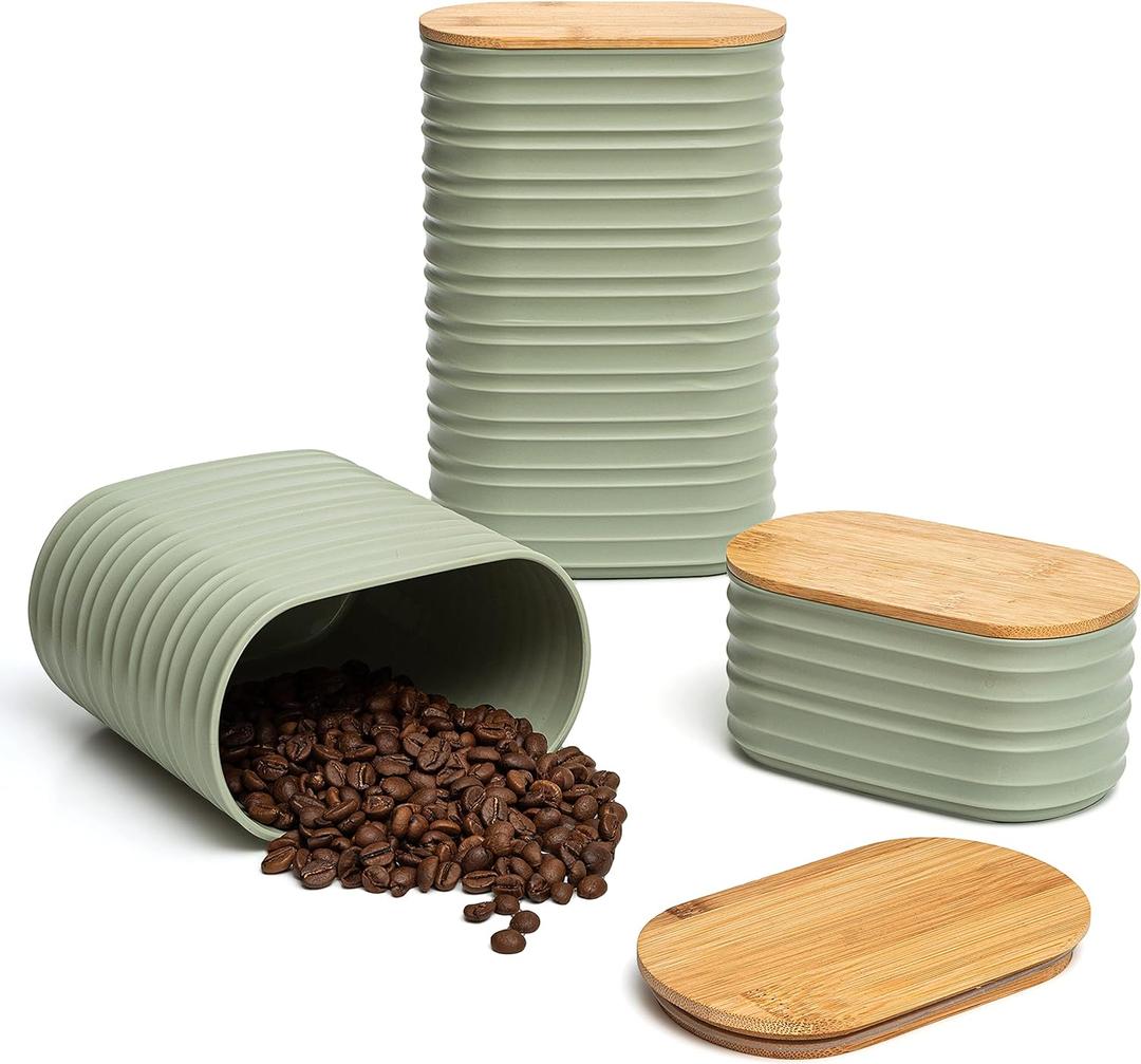 Mixpresso Olive Green Canisters Sets for the Kitchen  3-Piece Airtight Plastic Sugar Container Set with Bamboo Lids in Three Different Sizes  Decorative Modern Storage Jars for Coffee &Tea