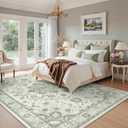 Madane 9x12 Area Rugs for Living Room, Machine Washable Vintage Green Rug with Non-Slip Backing, Soft Throw Large Rug, Thin Carpet for Bedroom Dining Room Farmhouse Under Table, Green/Ivory